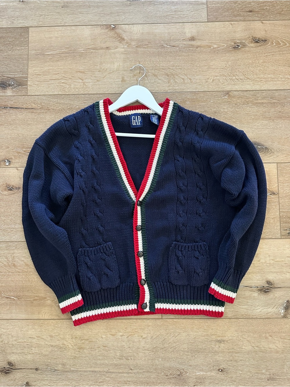 Vintage GAP Cable Knit Cardigan Large Navy Preppy Varsity Y2K Cotton